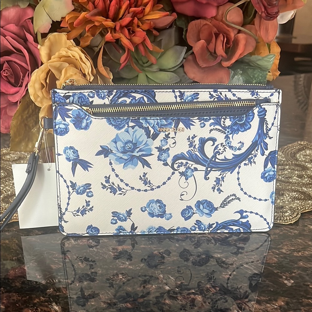Anne Klein 2PC Blue Floral and Cream Clutch/Wristlet